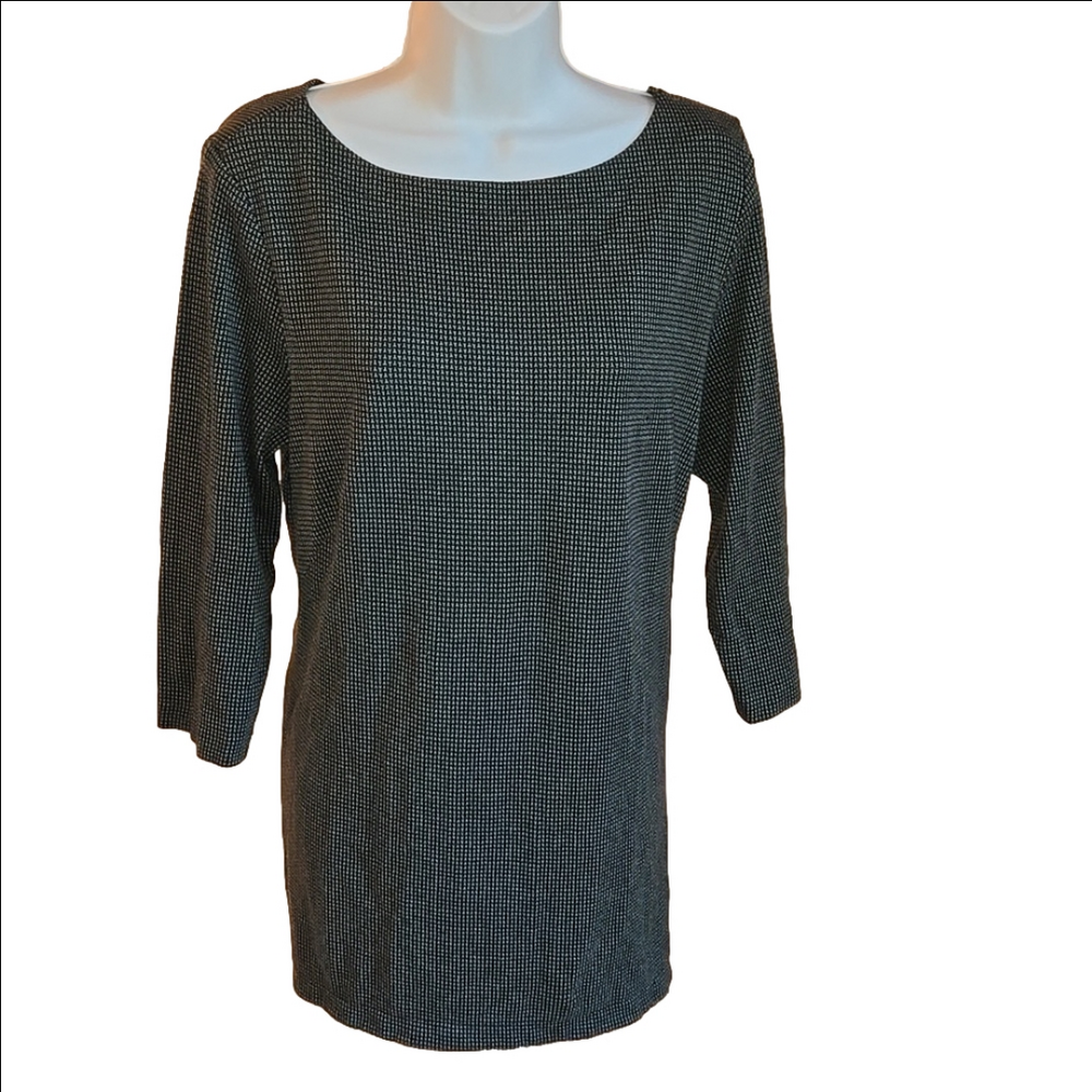 J.Jill Ponte Knit Tunic Length Top 3/4 Sleeve Green Black Print